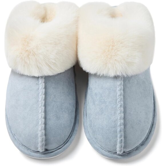 Women's Light Blue Fluffy Cozy Winter Warm Memory Foam Slip On Slippers Shoes - Picture 5 of 7